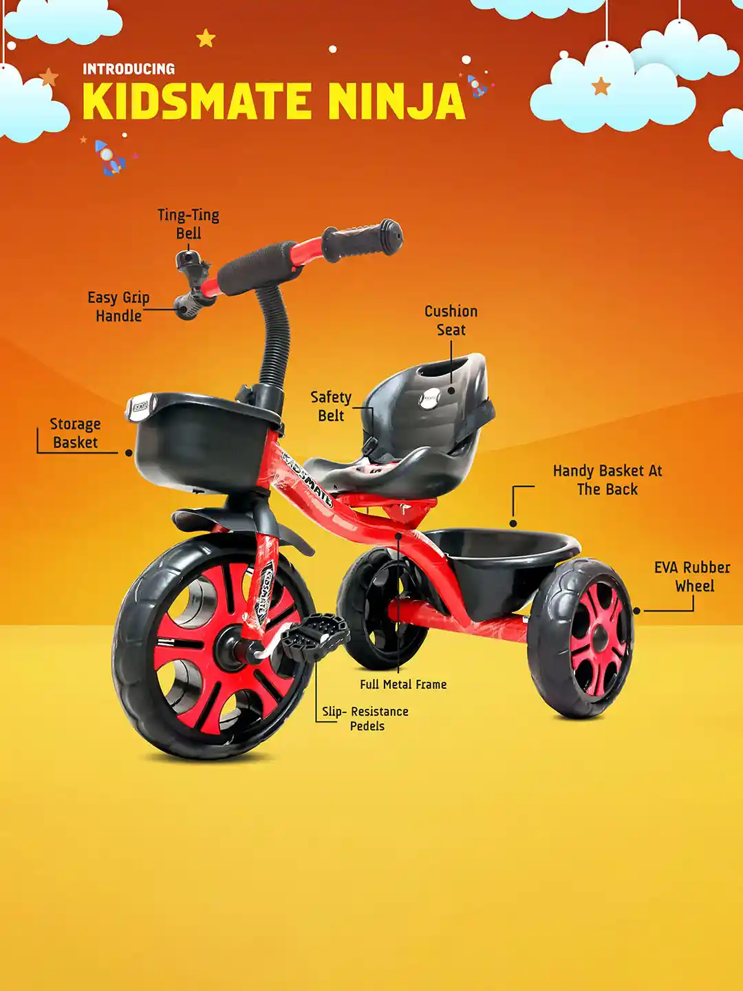 Buy KIDSMATE Kids Tricycle With Storage Basket Cushion Seat Seat