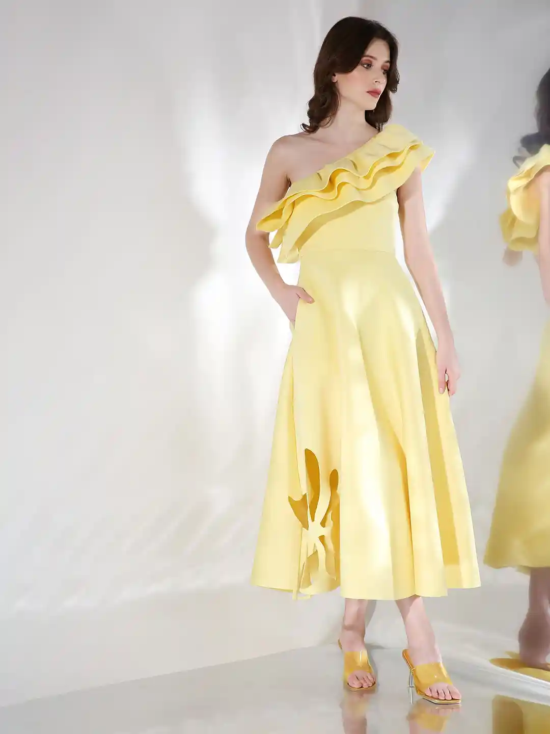 OZEQO Scuba Women One Shoulder Cut-Outs Sleeveless Fit Flare Midi Dress