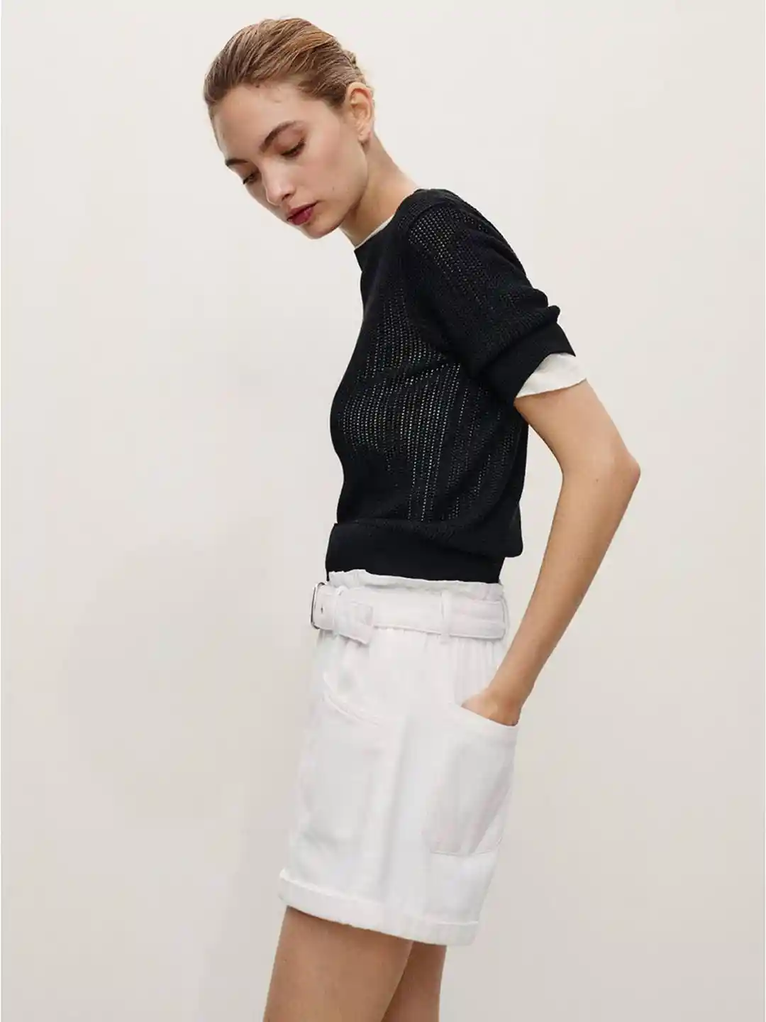 MANGO Women Mid-Rise Pure Cotton Denim Paper Bag Shorts with Belt - Main Image