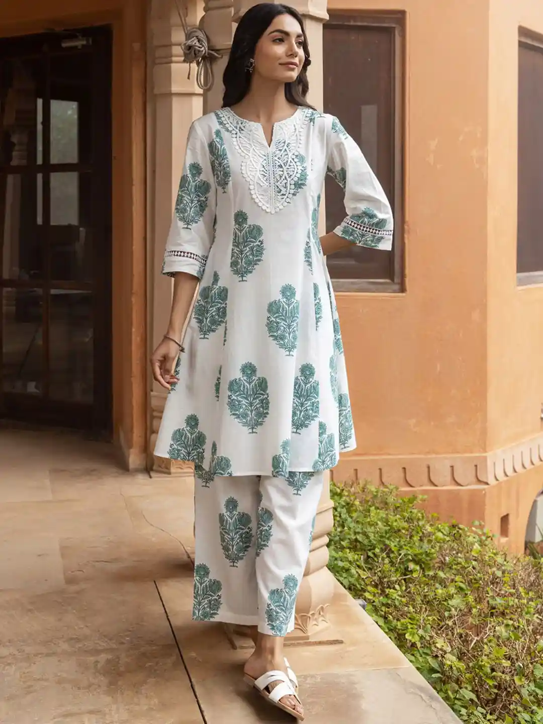 Flared Kurta Set Womens Flared Suit FIORRA Women's White Cotton
