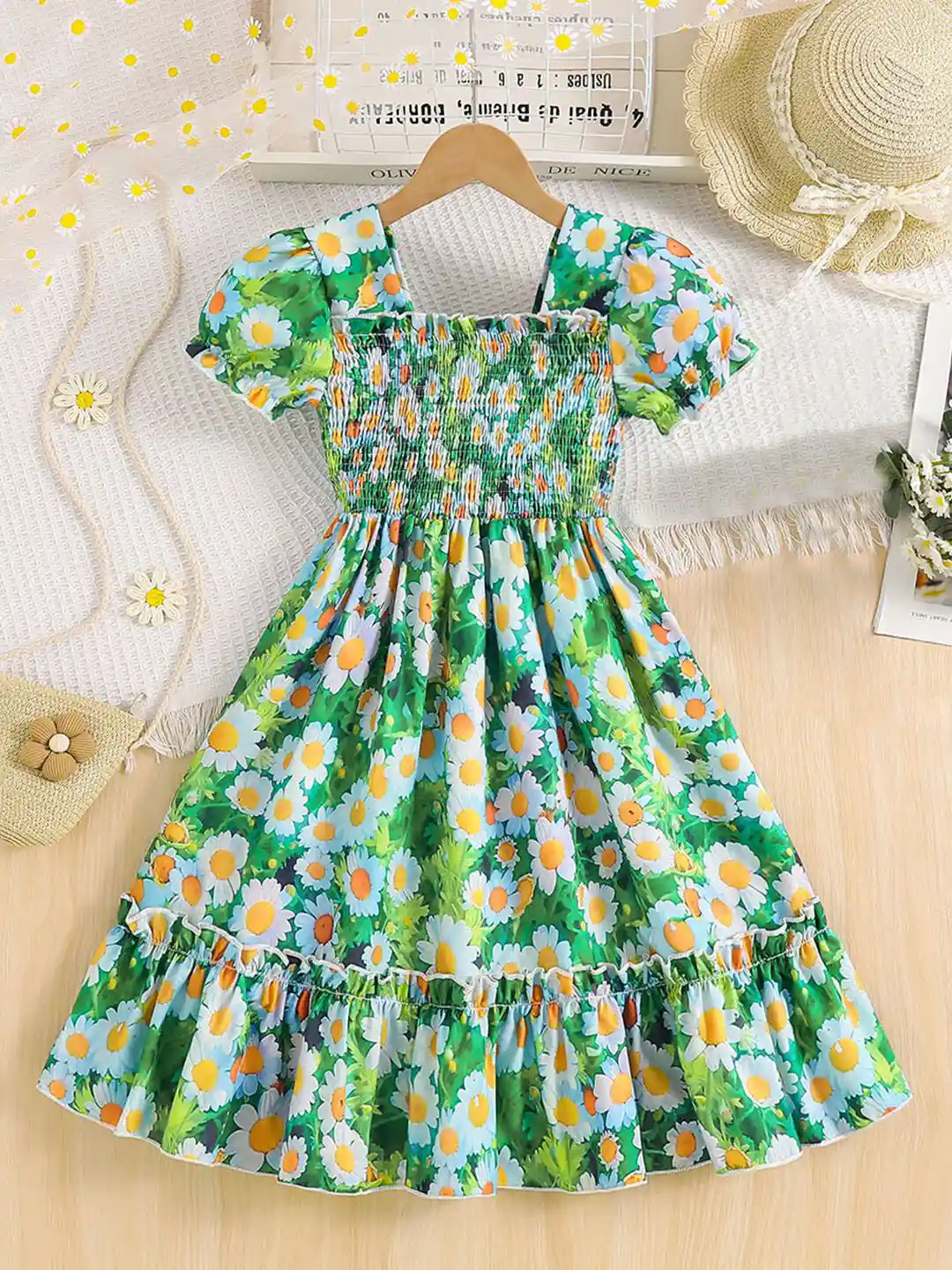 Buy INCLUD Girls Floral Print Puff Sleeve Smocked Fit Flare Maxi