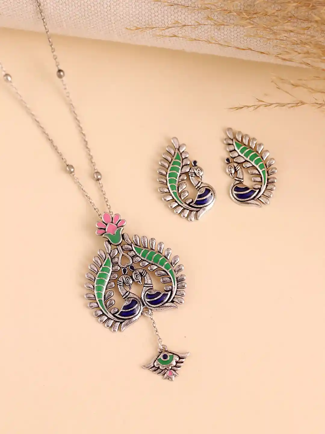 Buy Voylla Madhubani Peacock Pratha Oxidised Enamel Pendant Set