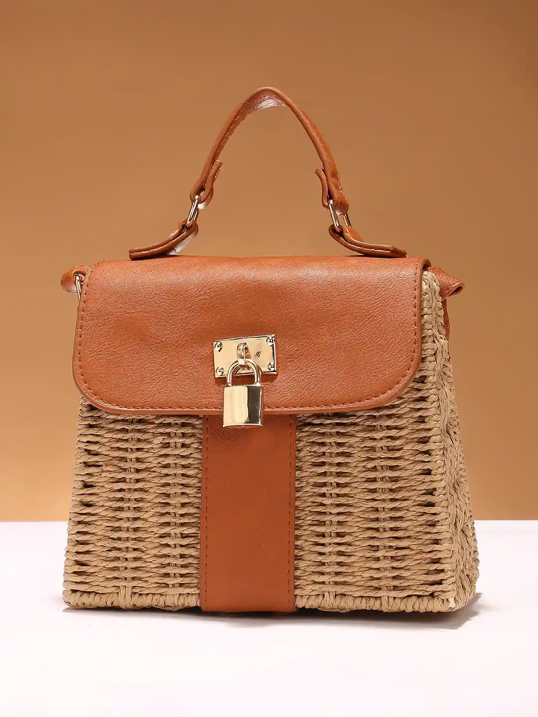 HAUTE SAUCE Geometric Self Design Straw Structured Shoulder Bag