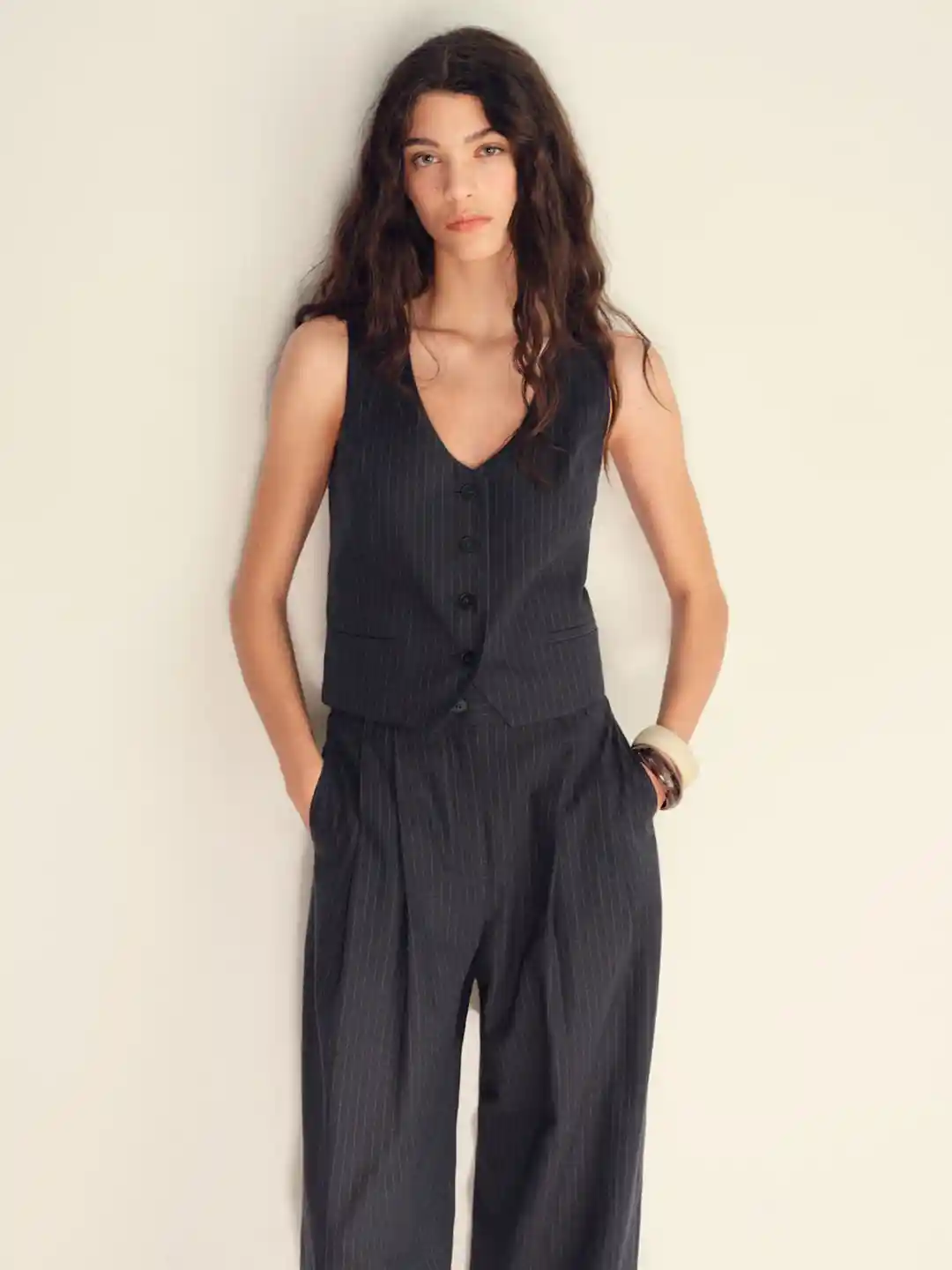 MANGO Striped Cotton Linen Waistcoat