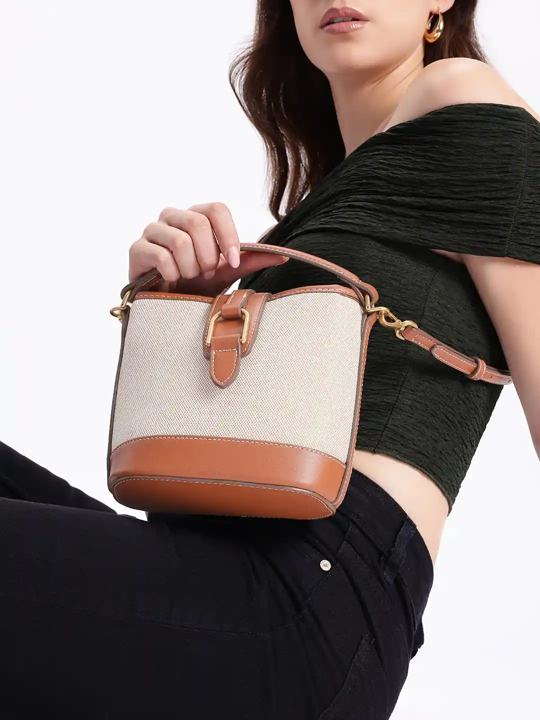 MANGO Textured Bucket Handheld Bag with Detachable Sling Strap