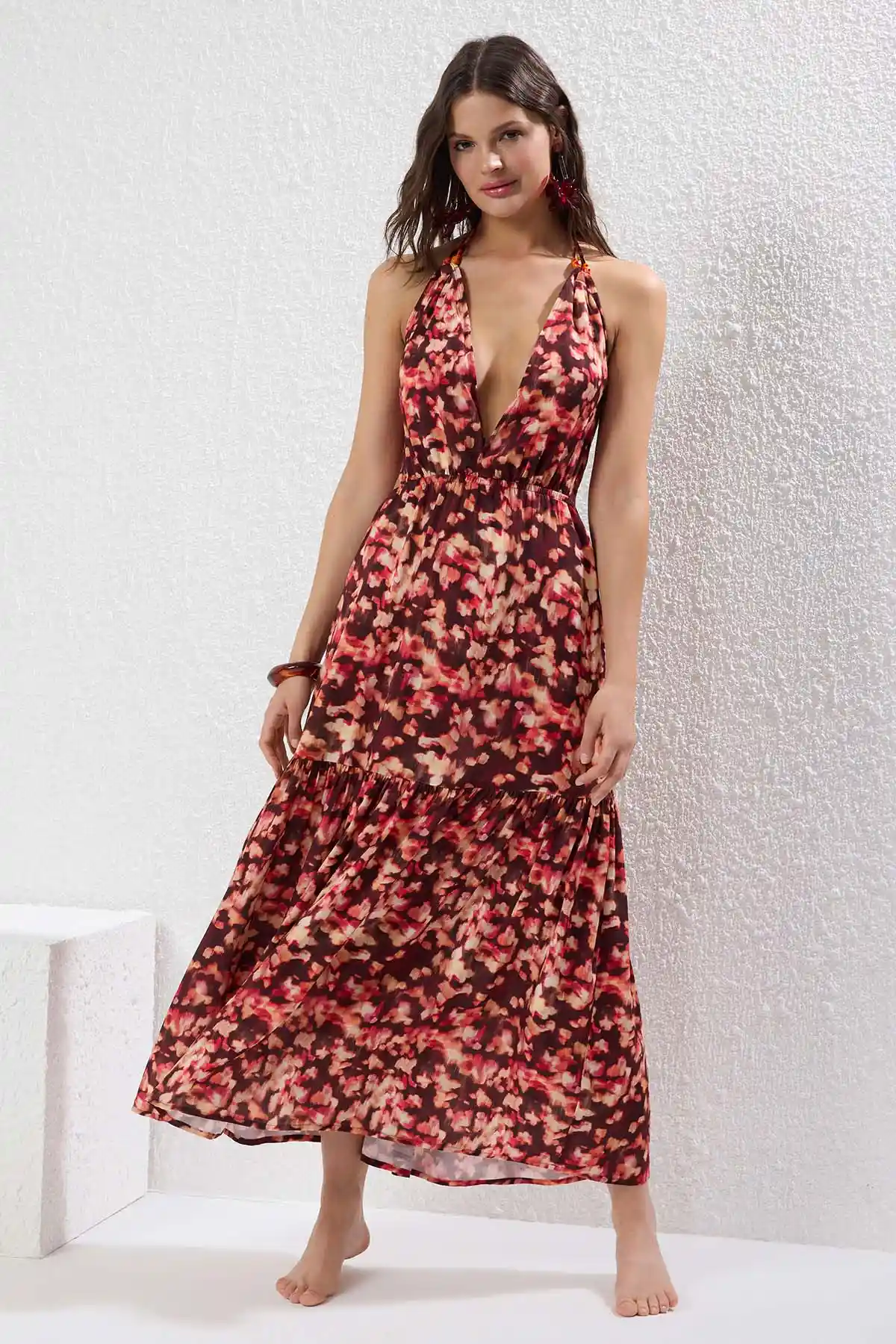 Trendyol Floral Print Halter Neck Fit And Flare Maxi Dress