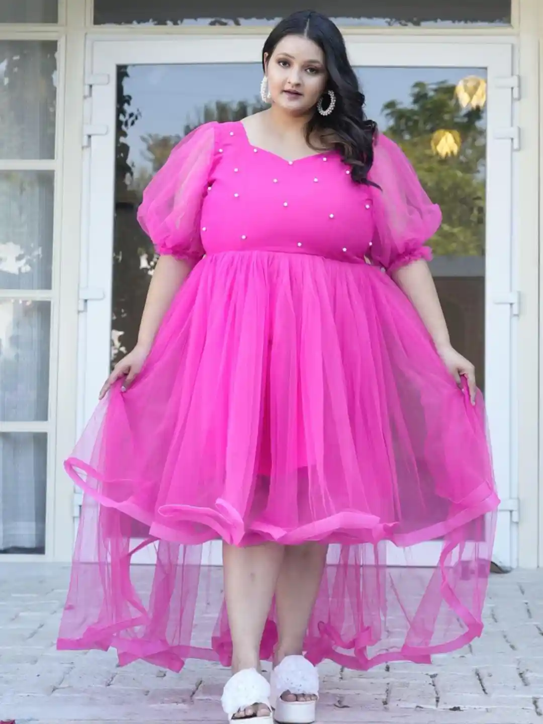 Swadeshi Shringaar Women Plus Size Hot Pink Up And Down Pearl Dress