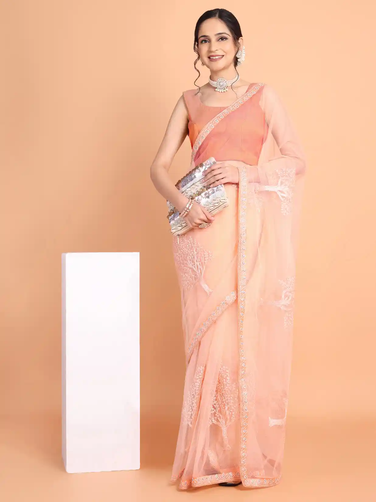 KALINI Peach Embroidered Poly Georgette Saree - Main Image