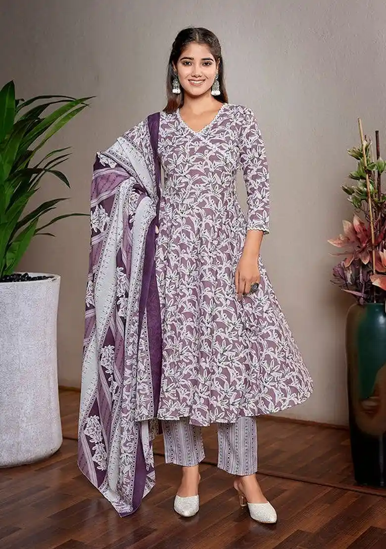 Buy Rang by Indya Purple And White Printed Cotton Blend Salwar