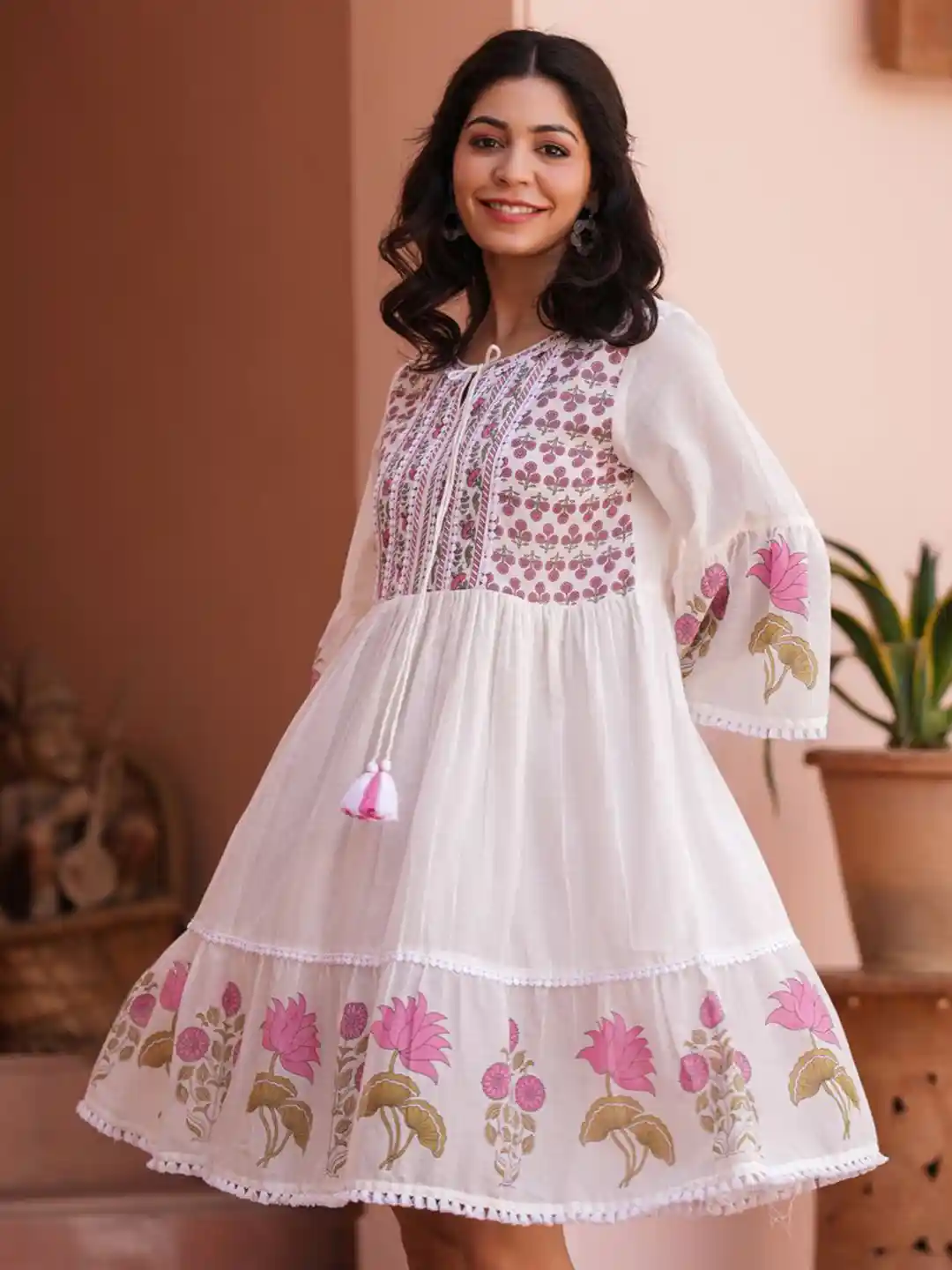 SCAKHI Pink Floral Cotton Block Printed Midi Tiered Dress