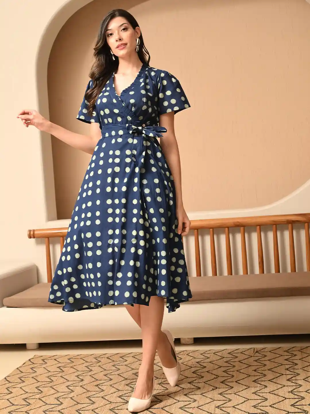 Buy Sangria Women Polka Dot Printed Cotton A-Line Wrap Midi Dress
