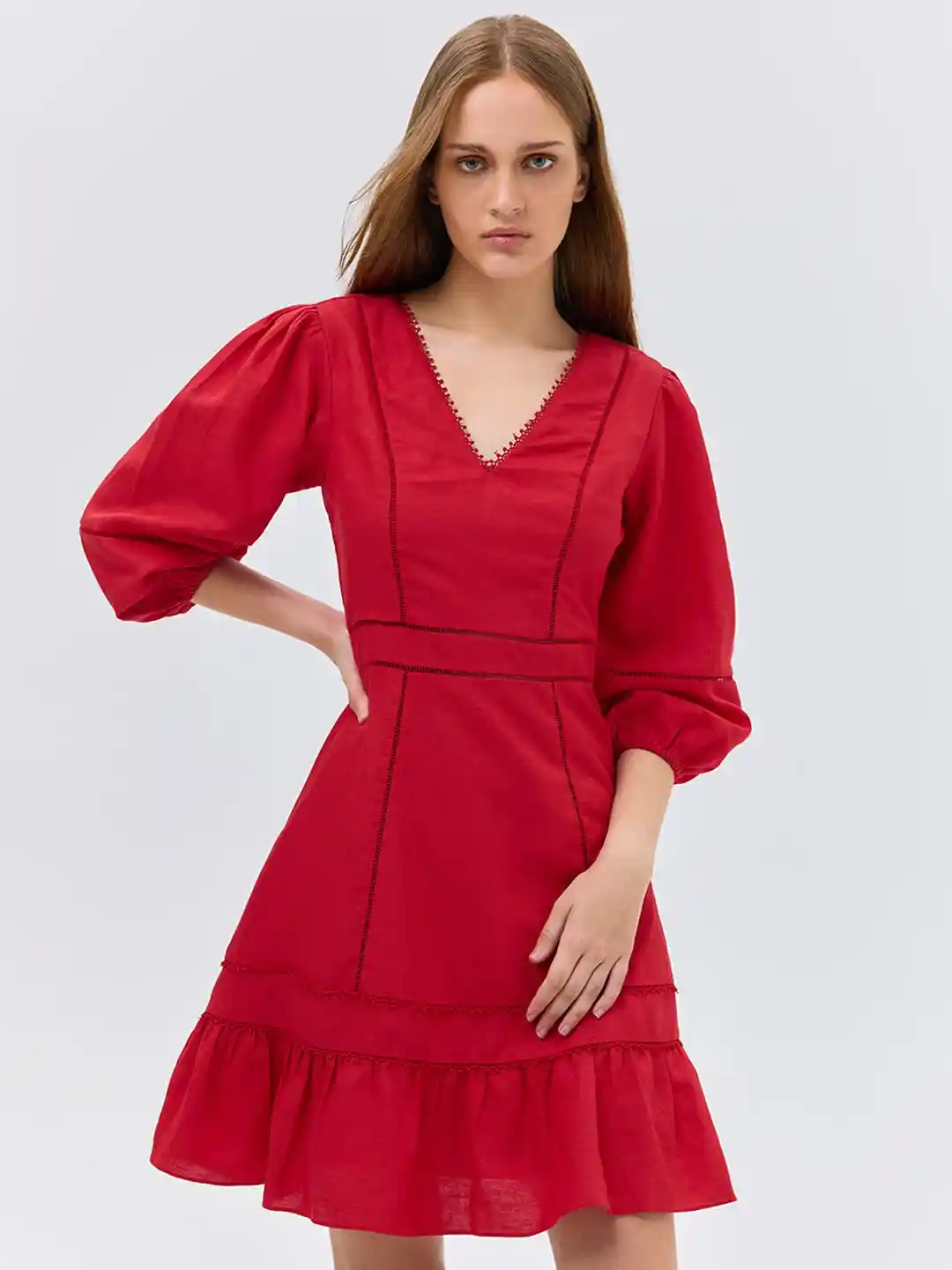 COVER STORY Women Puff Sleeve Linen Fit Flare Mini Dress