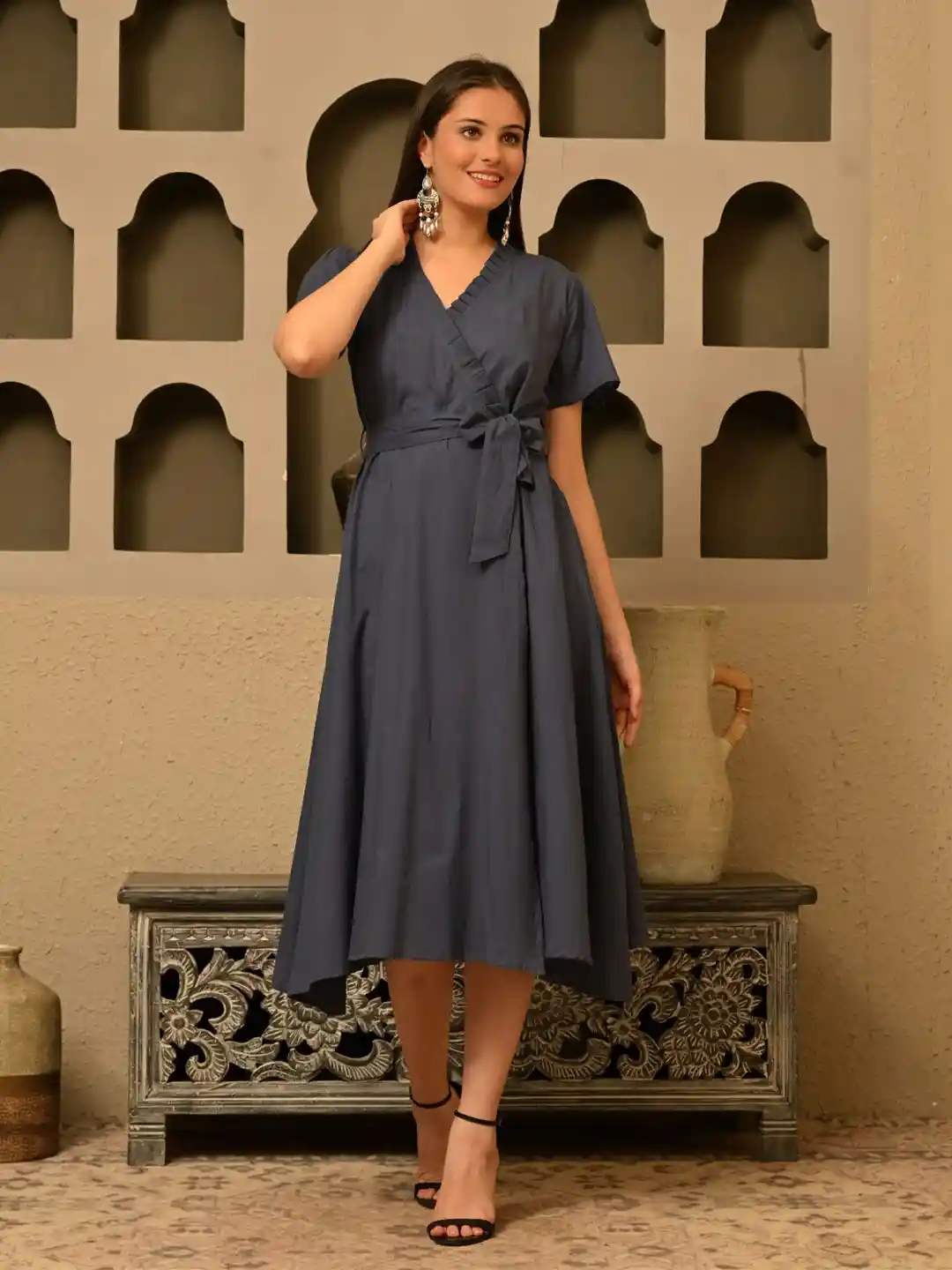 Buy Sangria Women Cotton V-Neck Tie Up-Detail Wrap Midi Dress