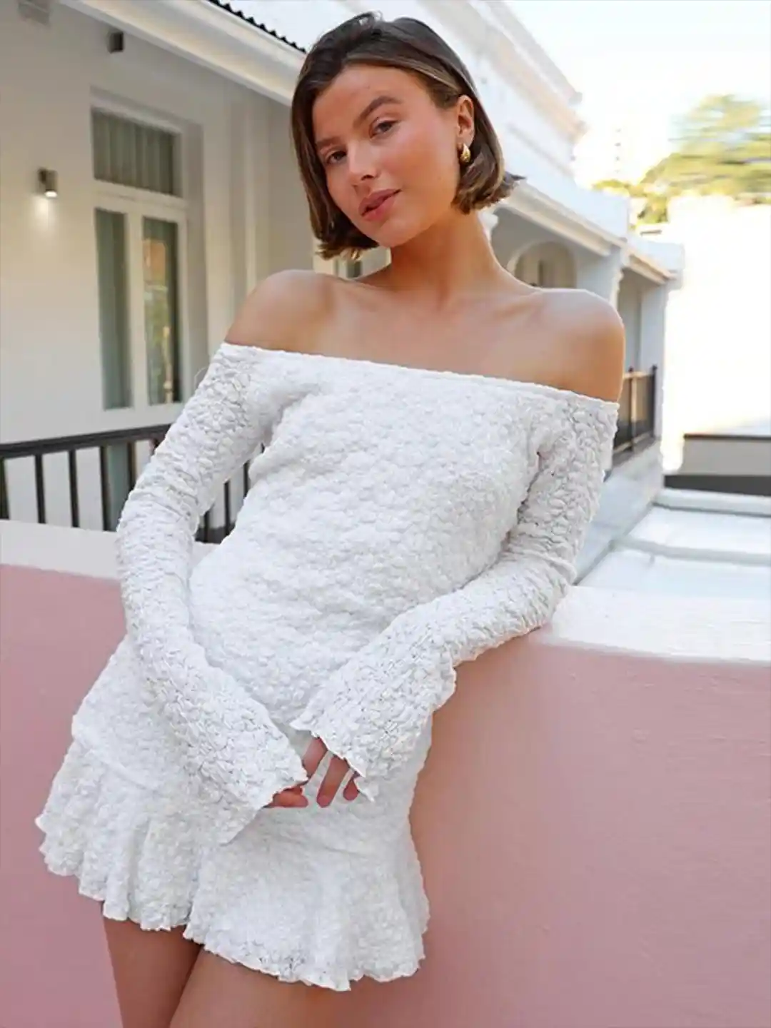 Buy bebe White Self Design Off-Shoulder Bell Sleeve Ruffle Hem