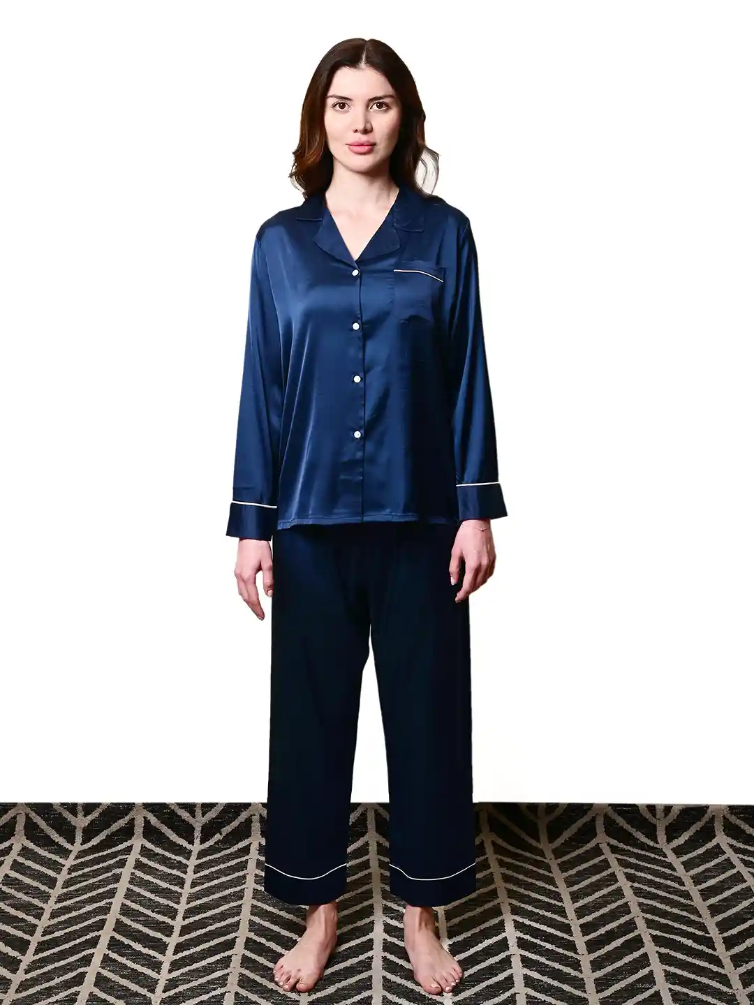 Buy Sleepsia Lounge Women's Navy Satin Full Sleeves Shirt Pyjama