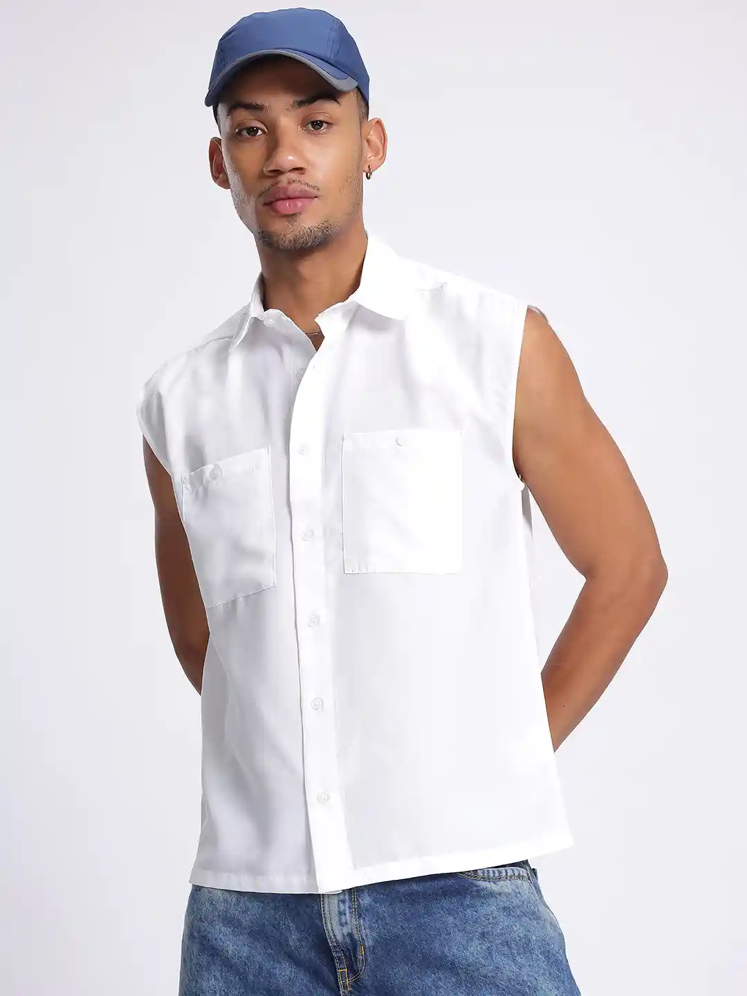 Buy glitchez Solid Spread Collar Sleeveless Shirt Shirts for Men