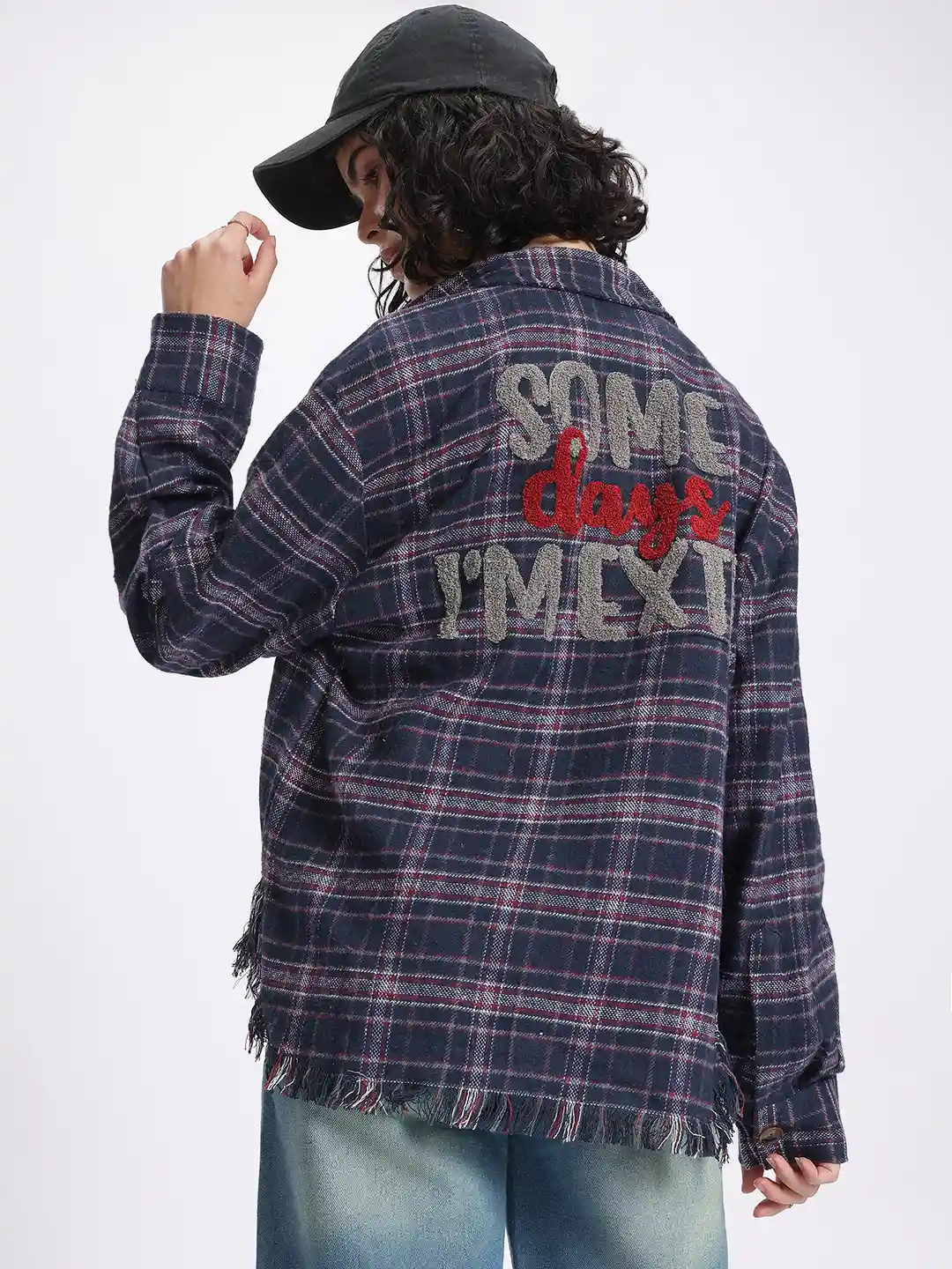 glitchez Street Texture Tartan Checked Applique Back Frayed Hem Flannel  Oversized Shirt - Main Image