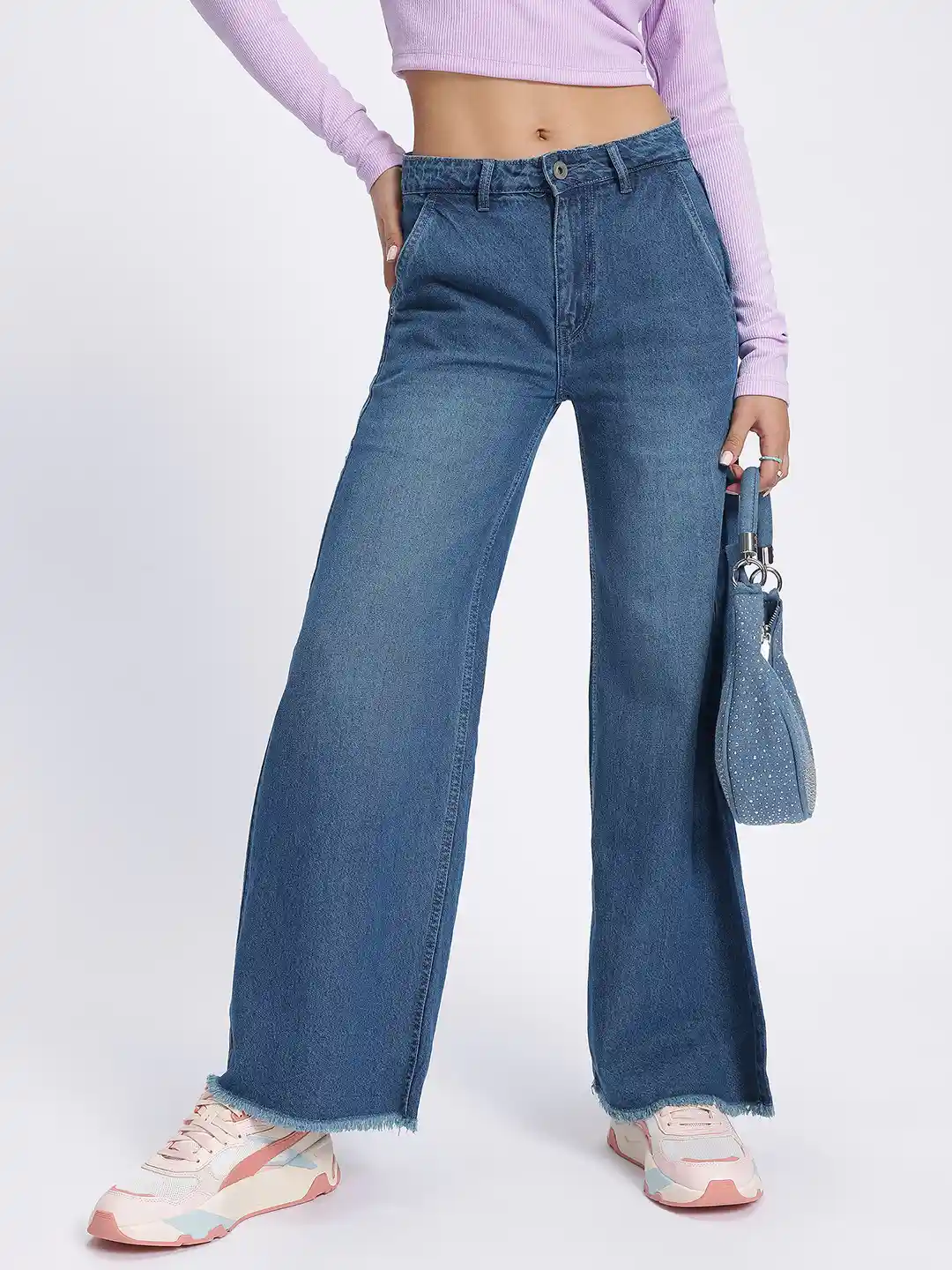 glitchez Women Frayed Hem Wide Leg Jeans