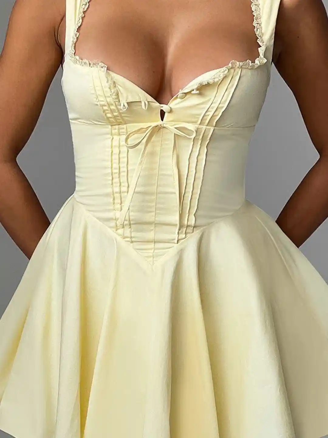 Buy bebe Yellow Lace Trim Neck Corset Style Fit & Flare Mini Dress