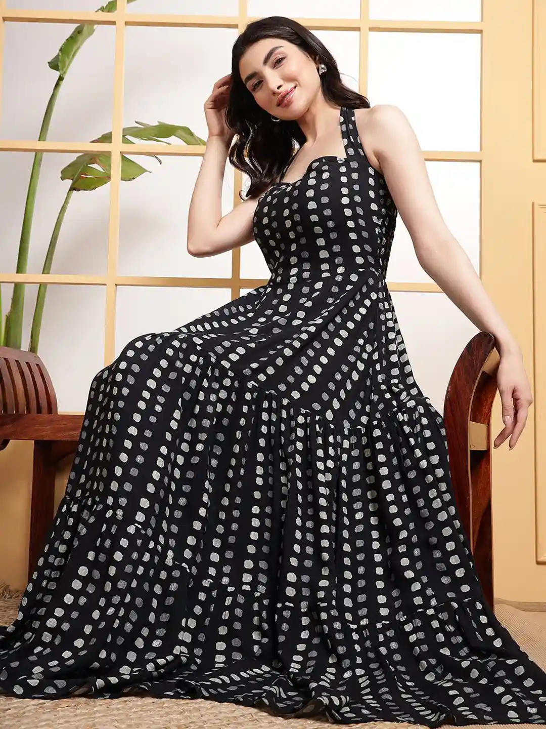 DEEBACO Polka Dot Printed Halter Neck Tiered Fit Flare Maxi Dress