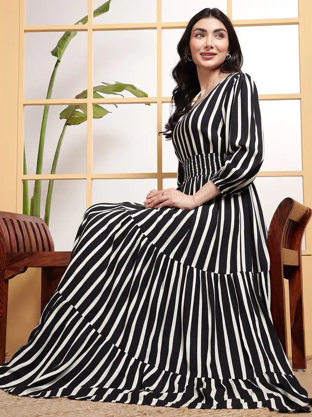 Womens Dresses Black And White Striped Maxi Dress With Sleeves Women  Striped Fit Flare Dress