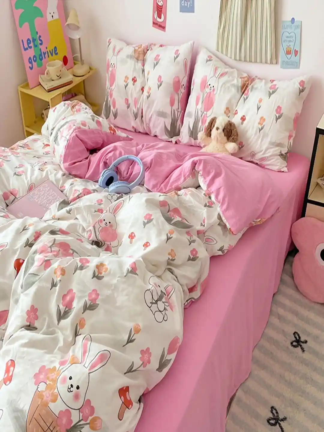 JC HOME Pink White Cartoon Characters Polycotton Piece Single Regular  Bedding Set - Main Image