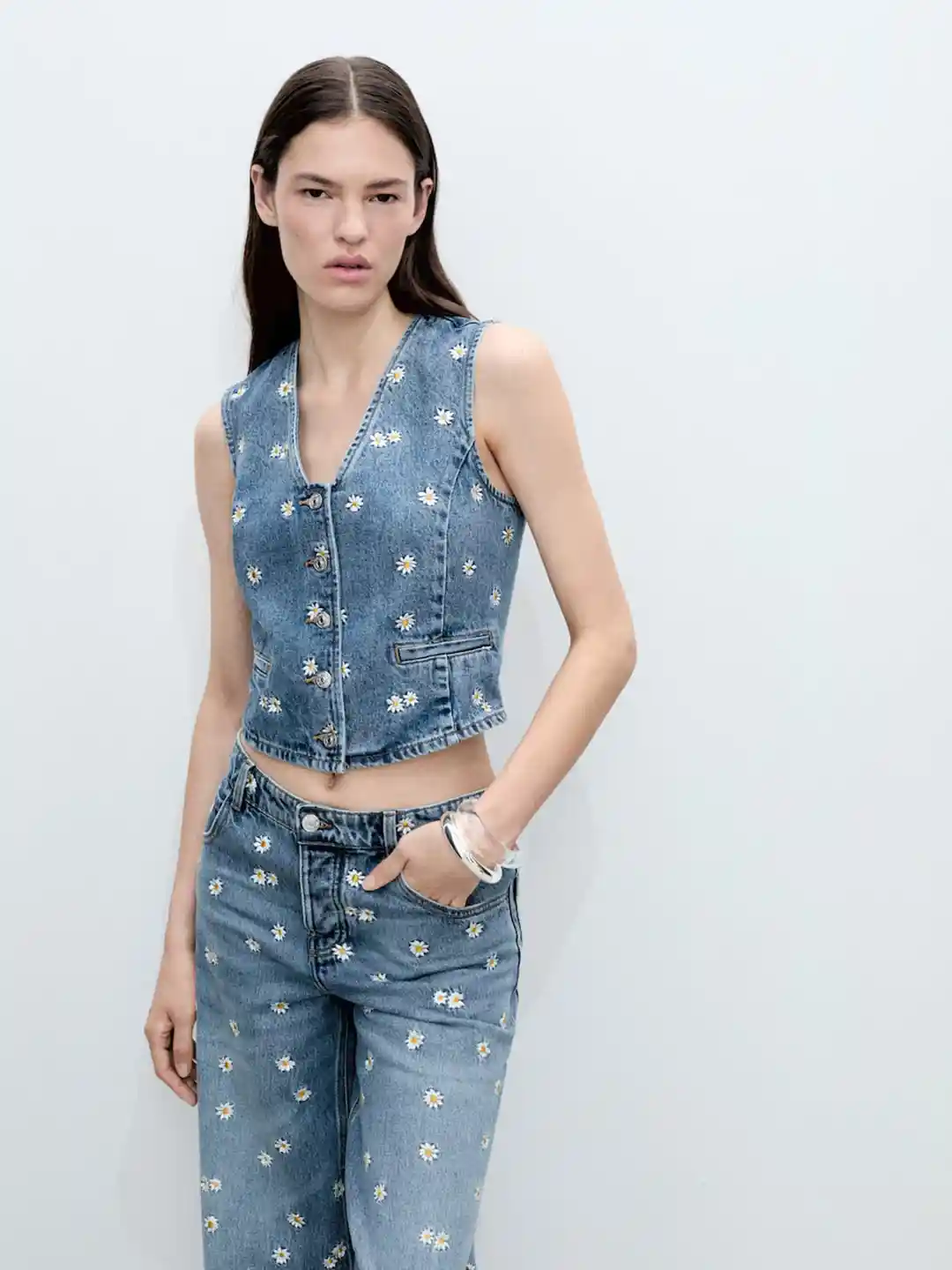 Buy MANGO Floral Embroidered V-Neck Denim Style Cropped Waistcoat