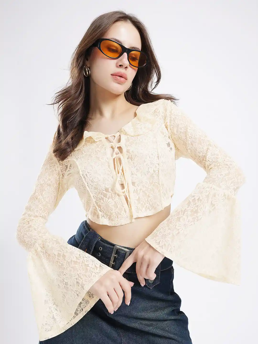 Bell♡　0226 Buy glitchez Lace Bell Sleeve Ruffled Crop Top - Tops for Women