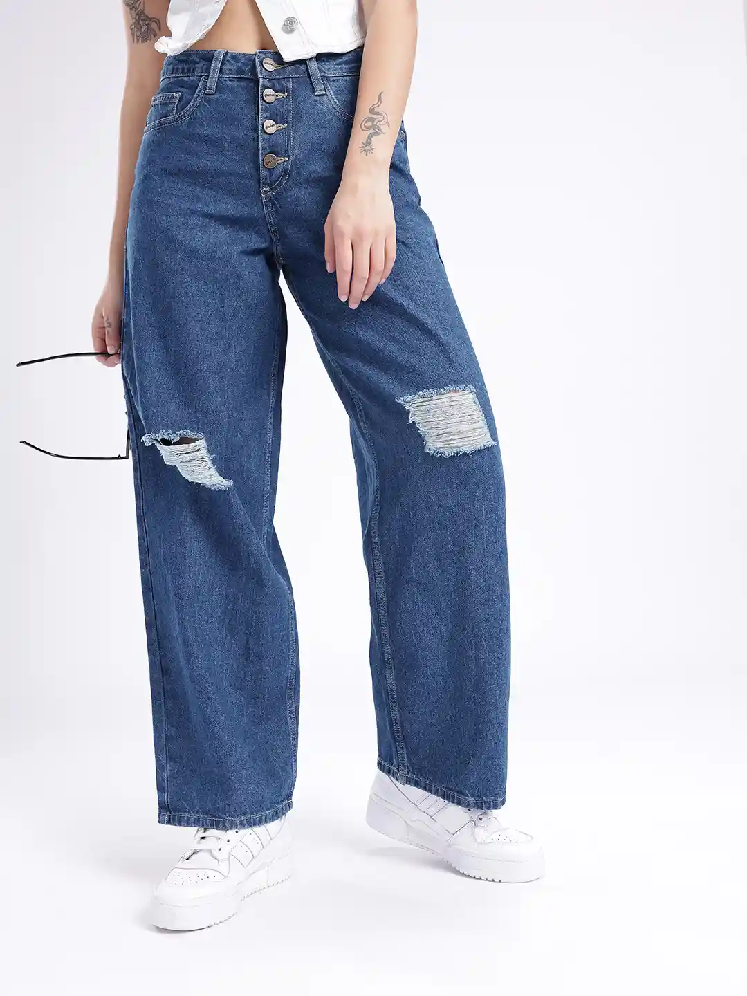 Buy glitchez Women Baggy Fit High-Rise Mildly Distressed Jeans