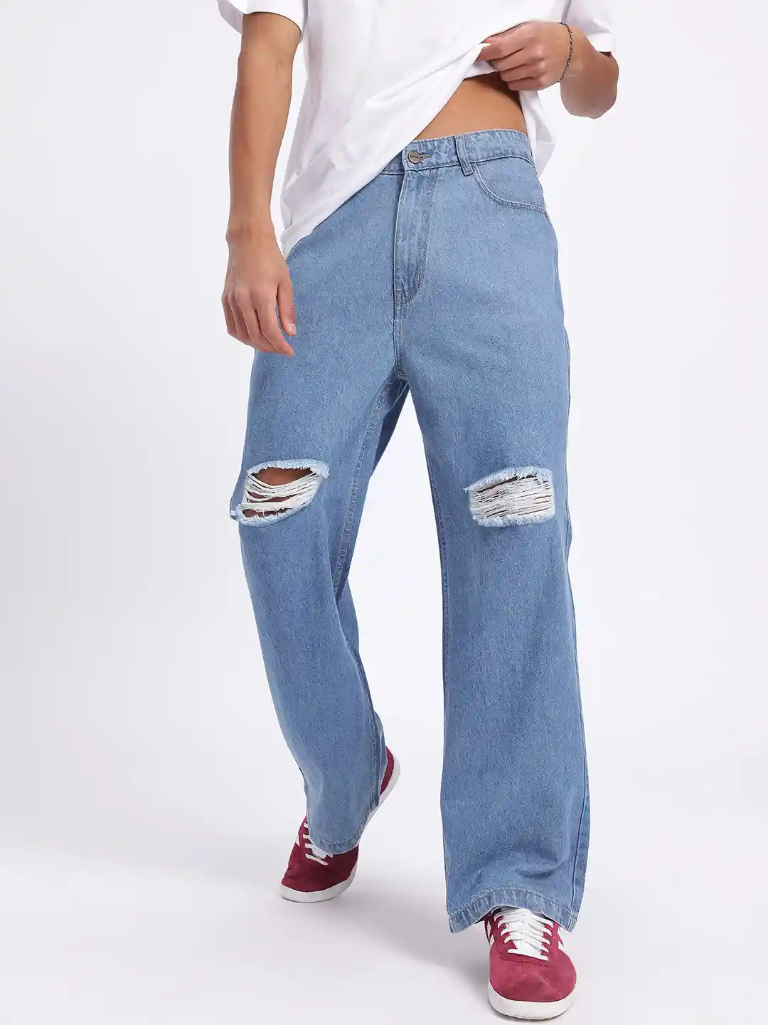 Boyfriend Jeans Low Distress Jeans Light Blue Acid Wash Baggy