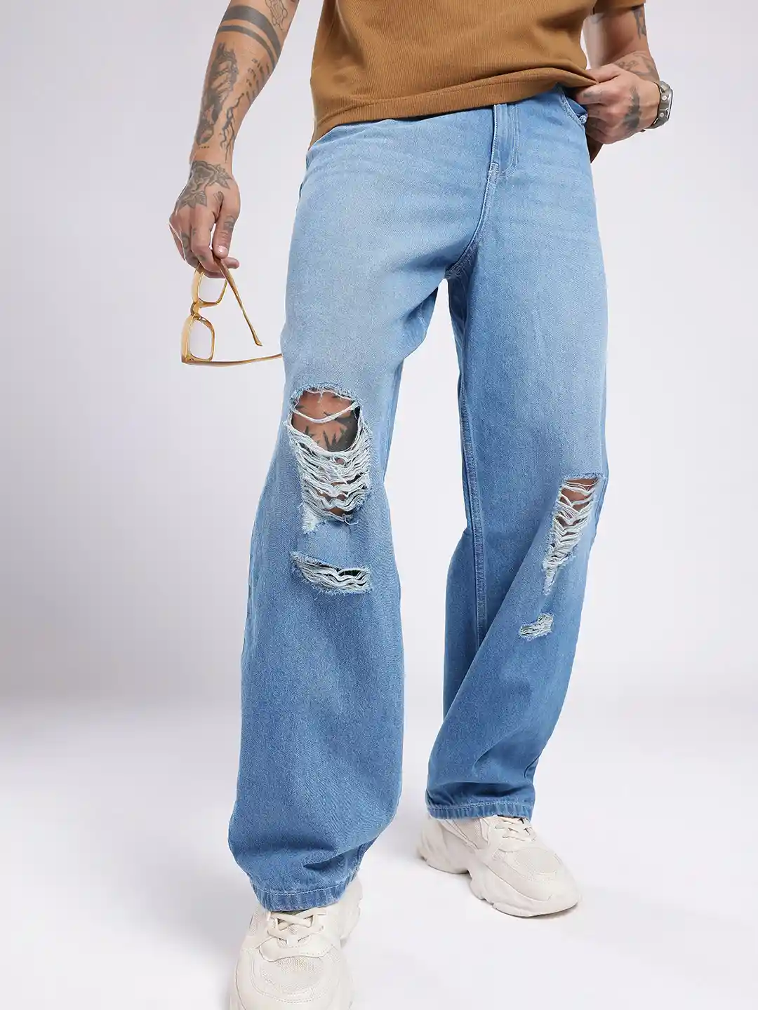 Buy glitchez Men Loose Baggy Fit Mildly Distressed Light Fade