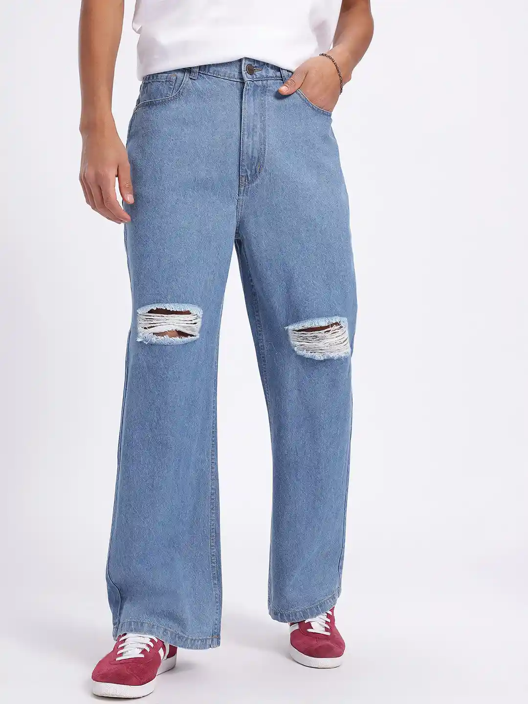glitchez Men Ripped Wide Leg Low Distress Jeans