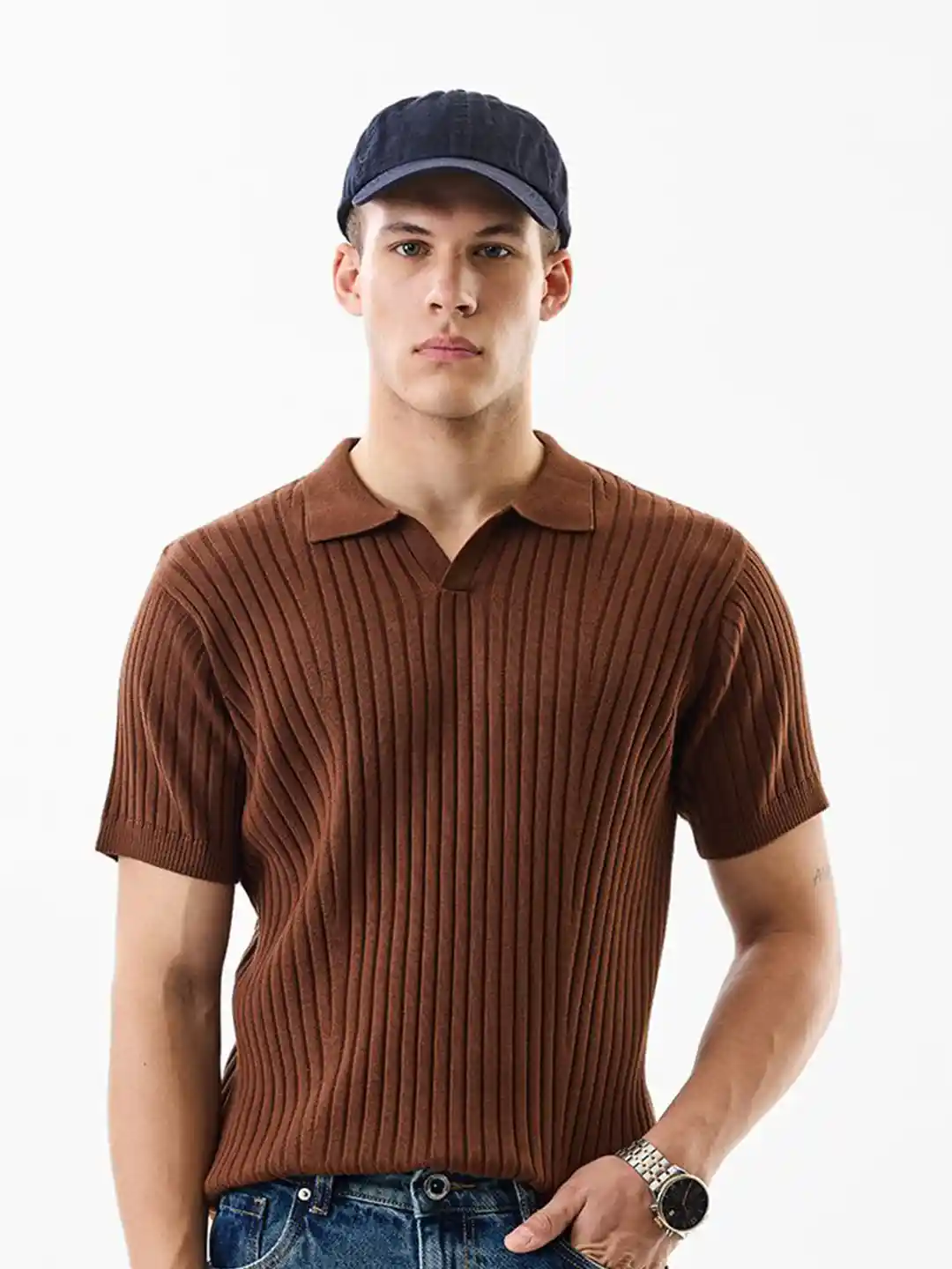 Snitch Men Ribbed Polo Collar Slim Fit T-shirt