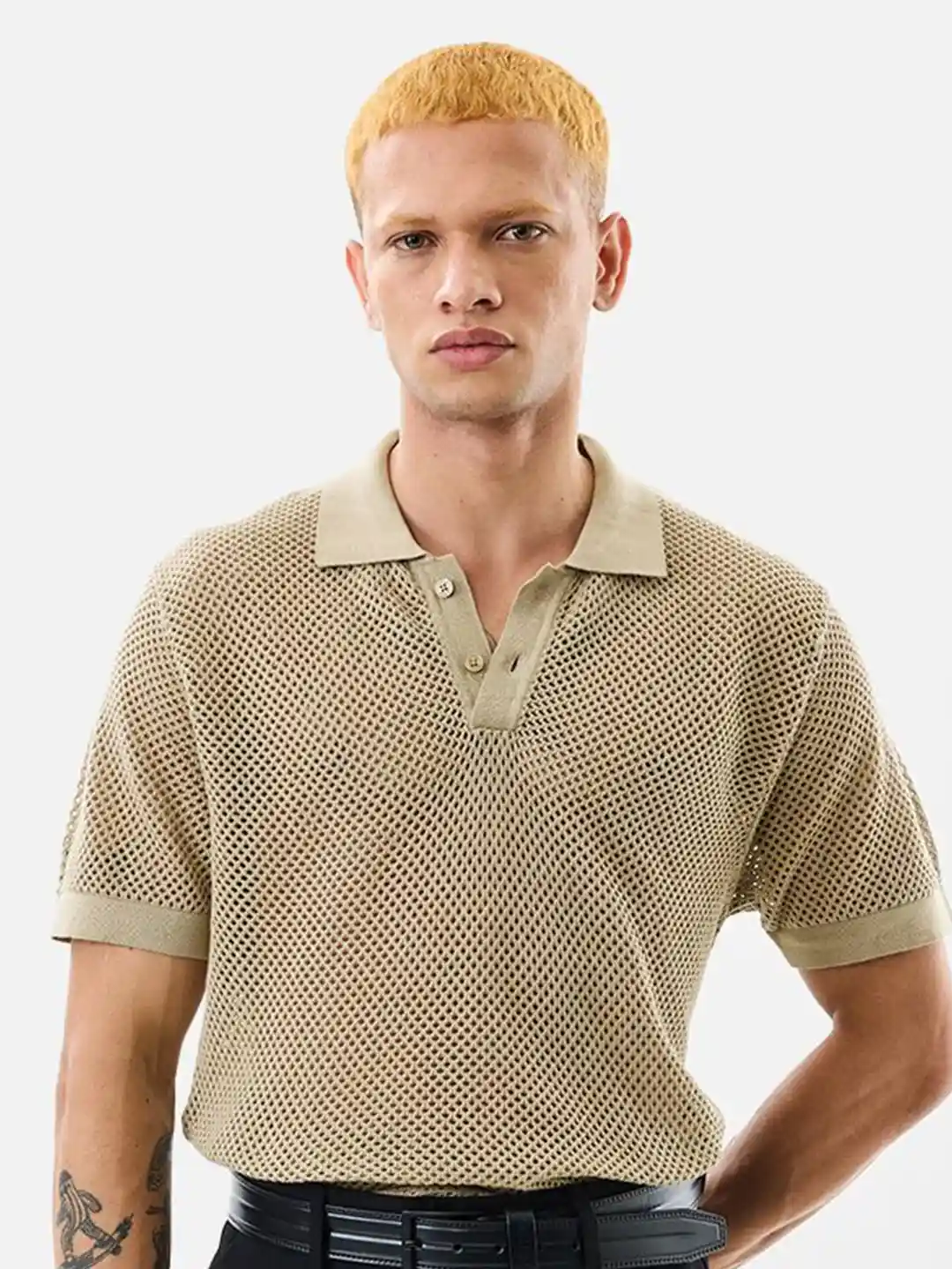 Snitch Mesh Knit Polo Collar Slim Fit Pure Cotton T-Shirt