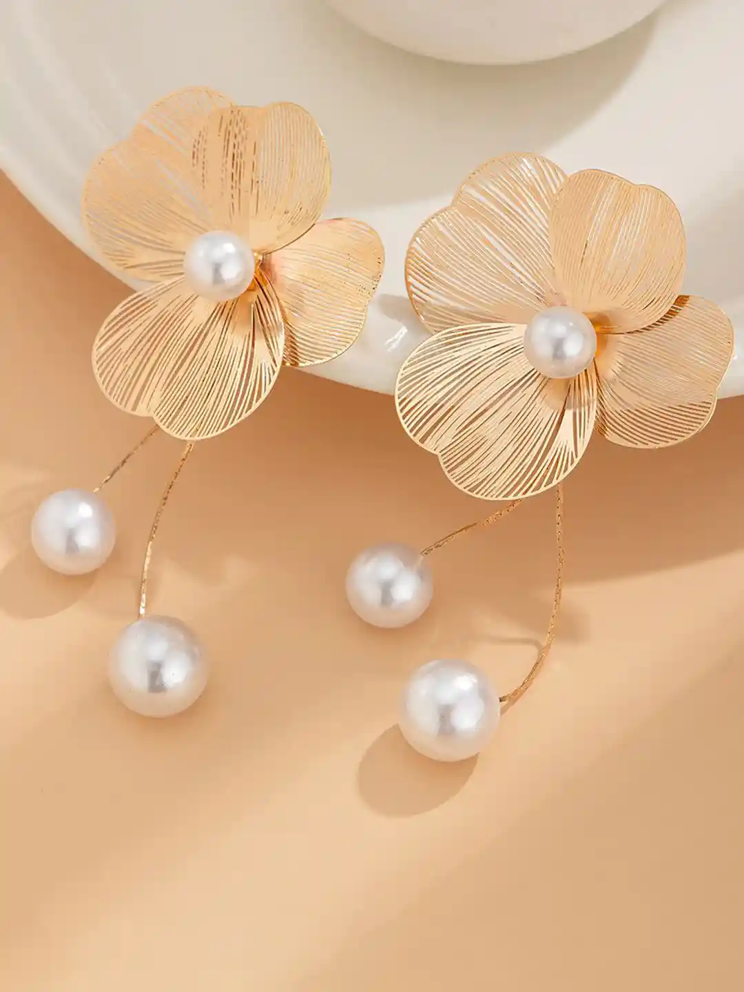 DressBerry Korean Gold-Plated Pearls Floral Drop Earrings