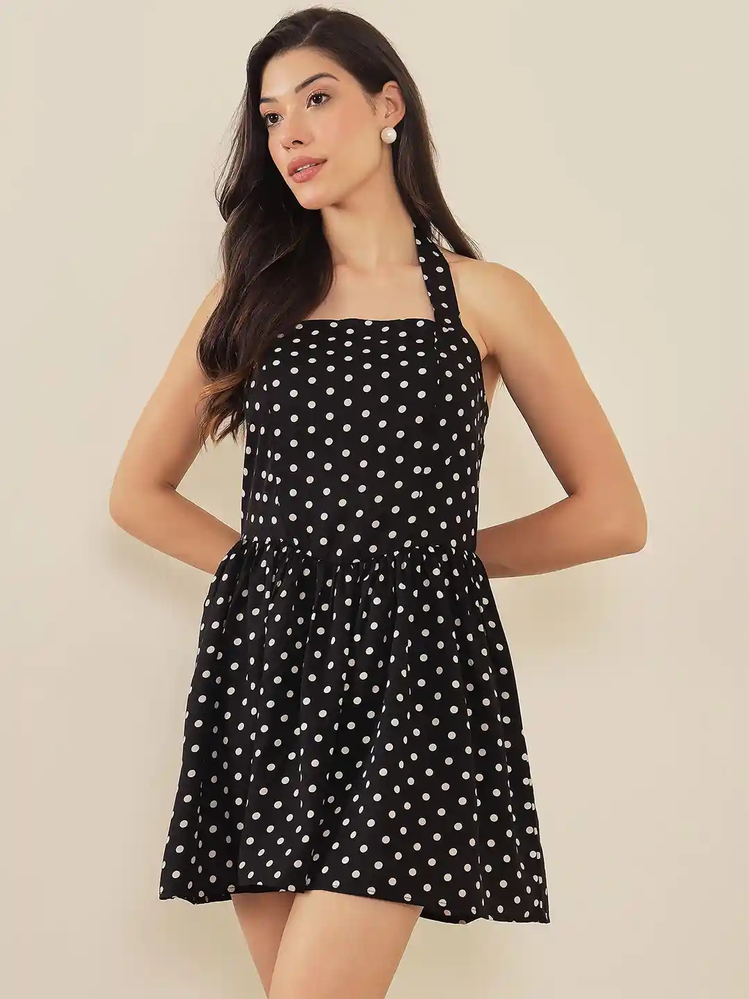 RARE Women Polka Dot Print Halter Neck Peplum Dress