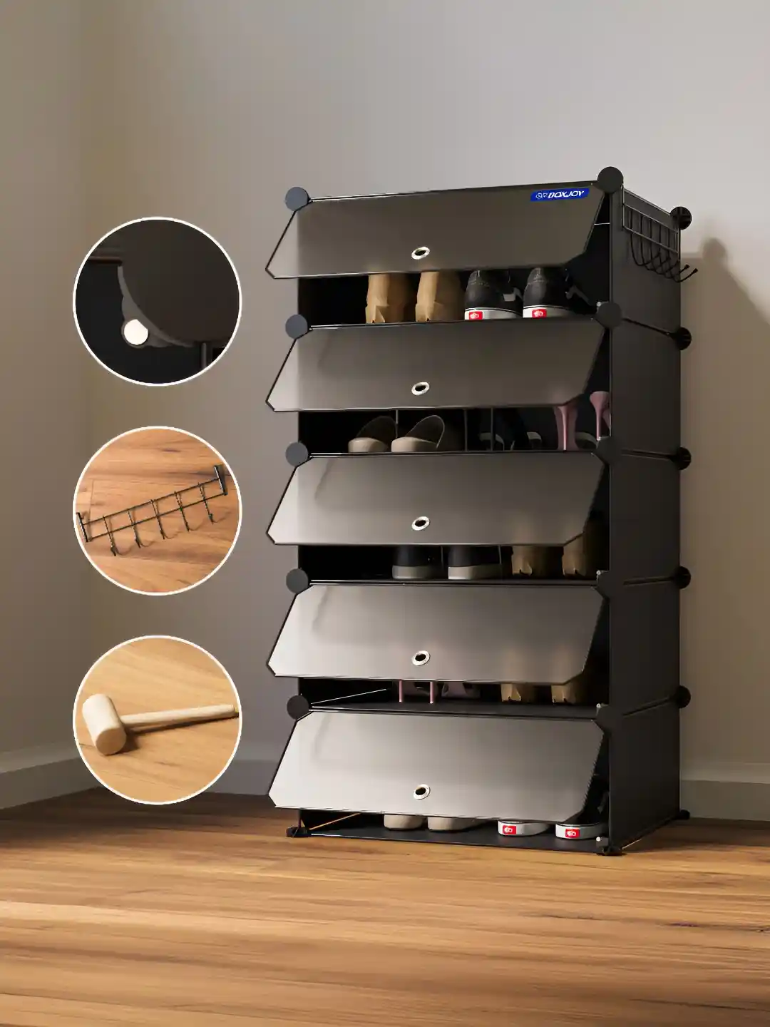 BOXJOY Black Waterproof Dustproof 5-Shelf Shoe Rack With Doors - Main Image