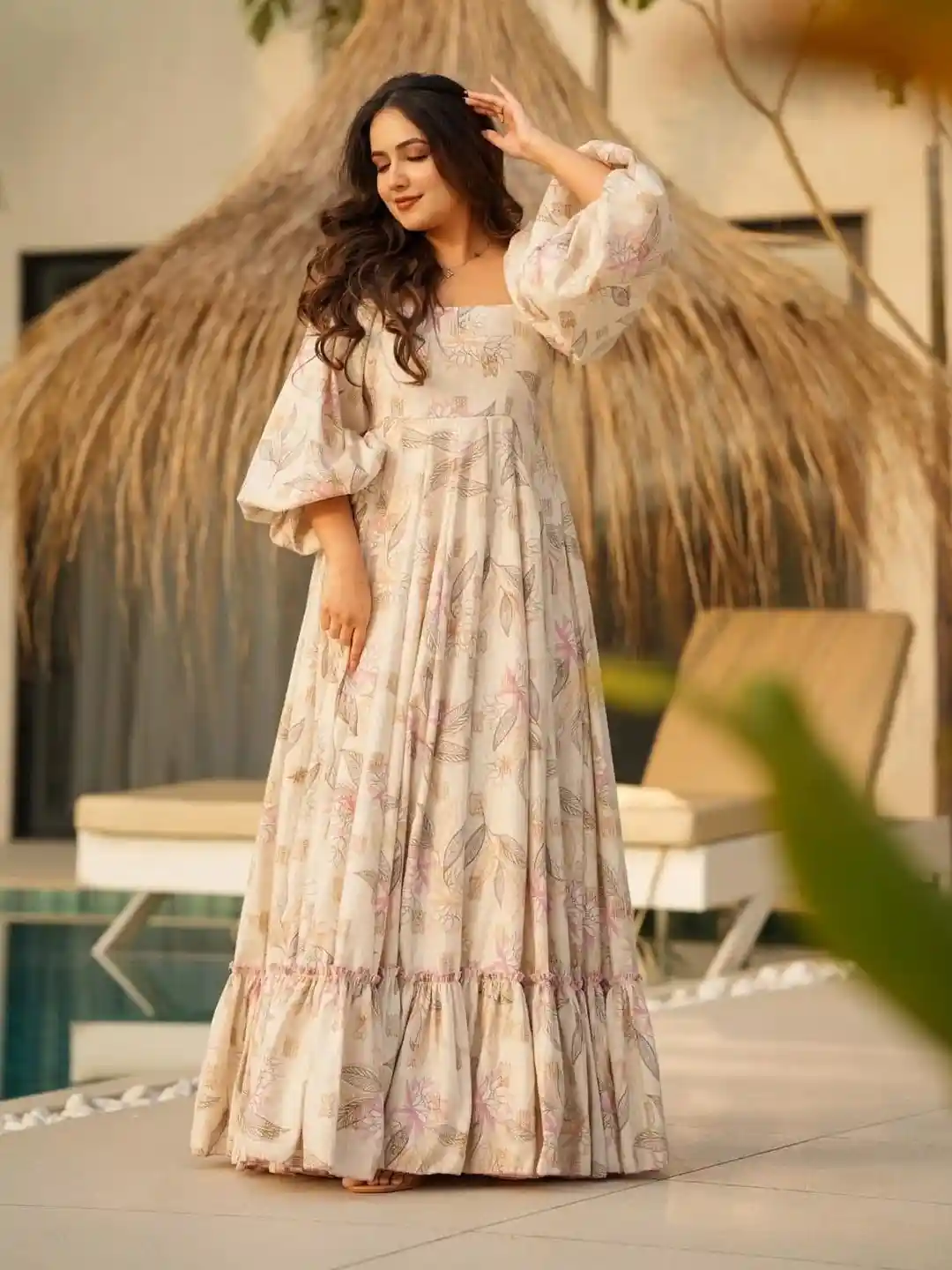 CORSICA Women Floral Print Puff Sleeve Layered Fit Flare Maxi Dress