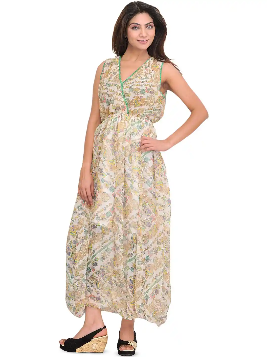 Exotic India Women Snow-White Paisleys Printed Summer Maxi Dress with Waist  Sash