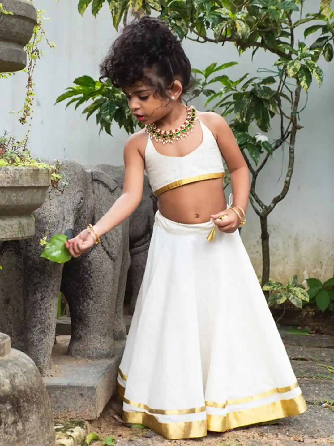 Buy MIRALI Girls Kasavu Skirt Crop Top Set Lehenga Choli for