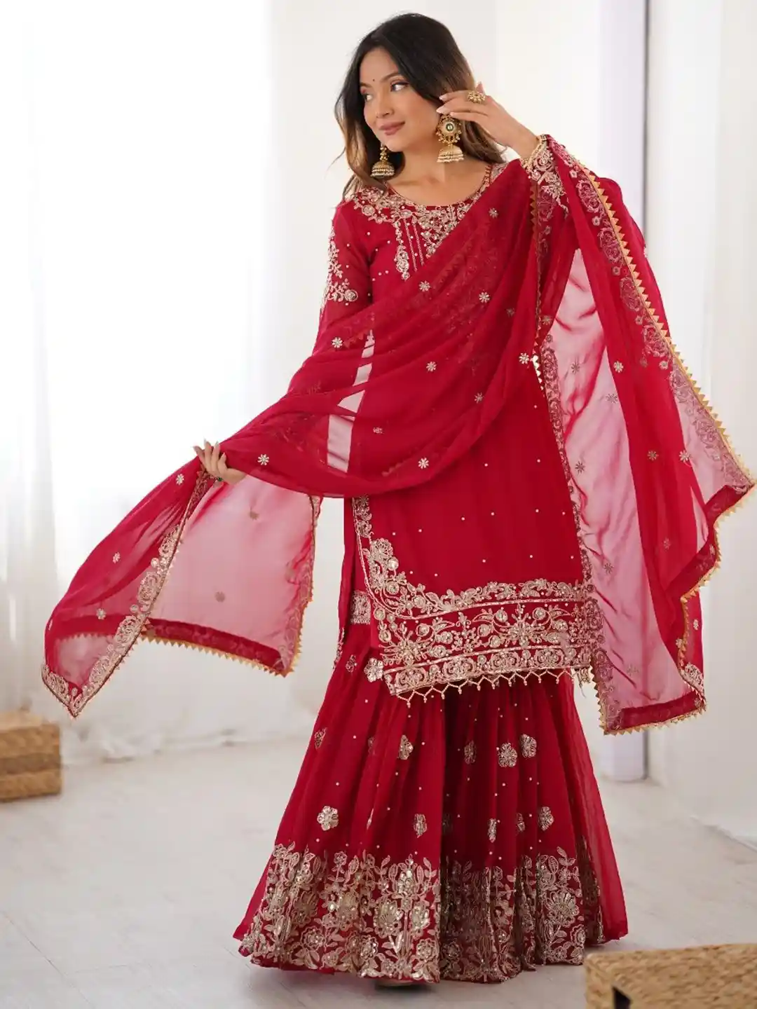 Fusionic Women Solid Embroidered Kurti with Sharara Dupatta