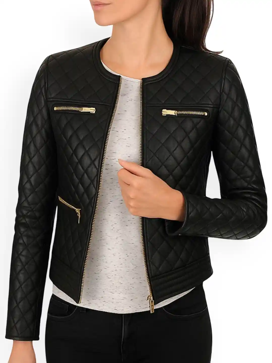 NOORA Self Design Geometric Quilted Leather Jacket