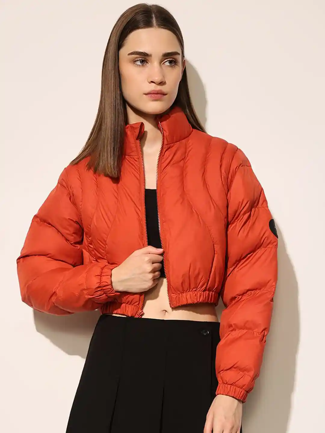 Myntra Orange Puffer Jacket Womens Buy ONLY Women Solid Crop