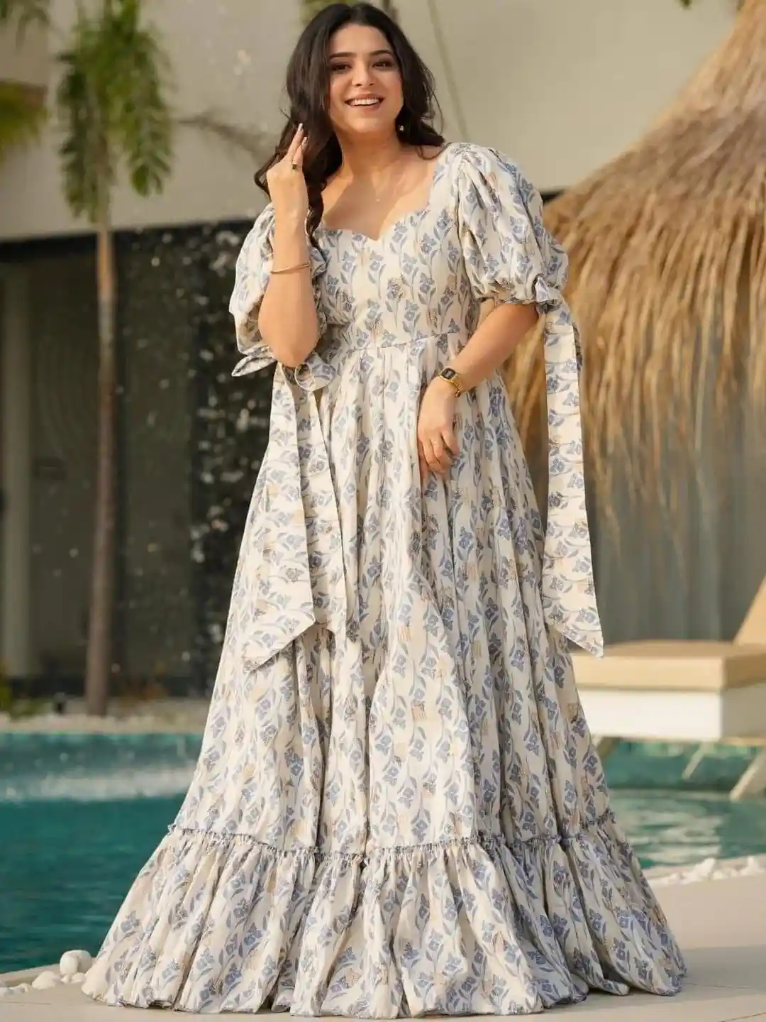 CORSICA Floral Print Puff Sleeve Layered Fit Flare Three-Quarter Dress