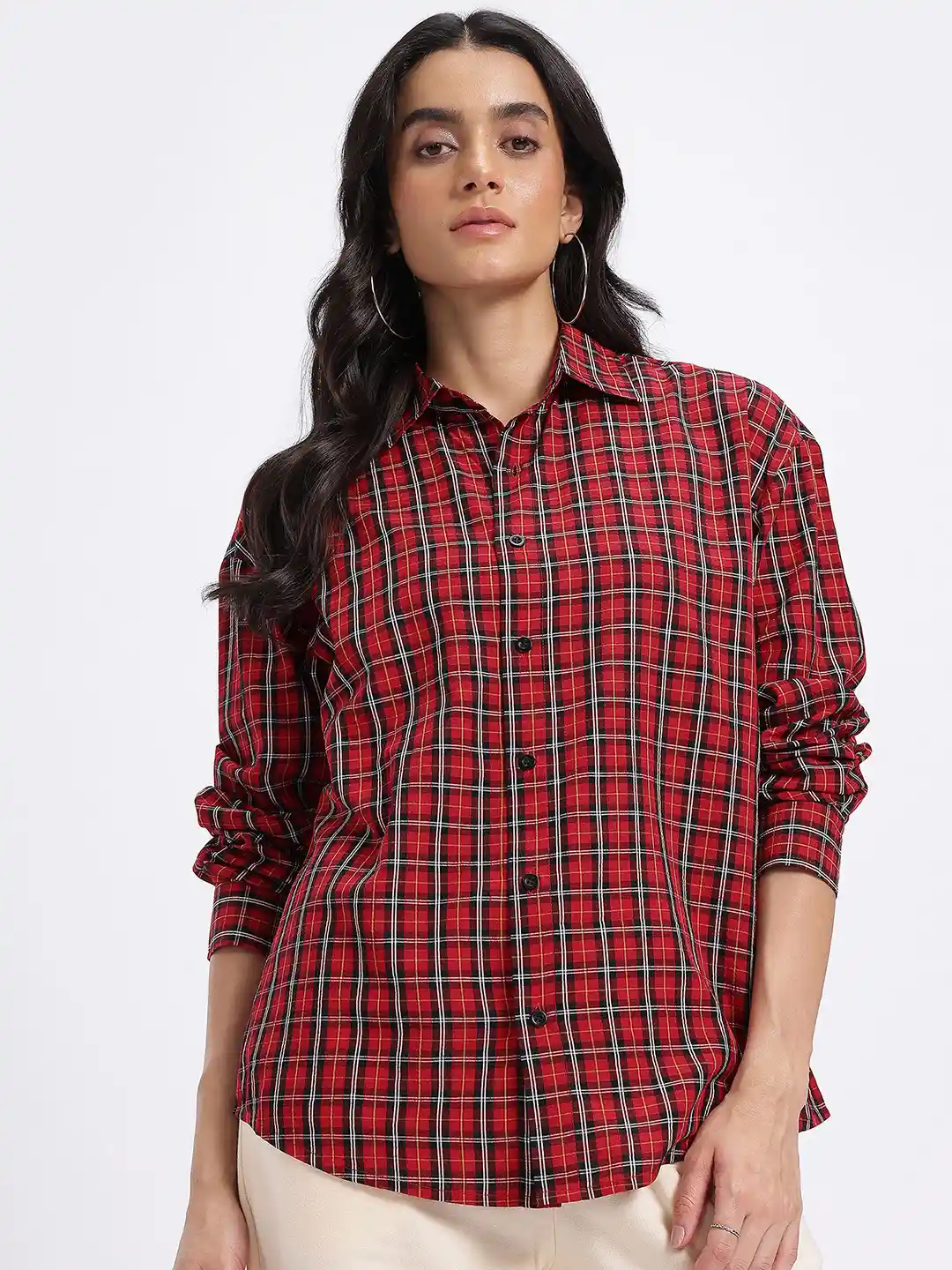 glitchez Tartan Checks Drop-Shoulder Sleeves Oversized Shirt
