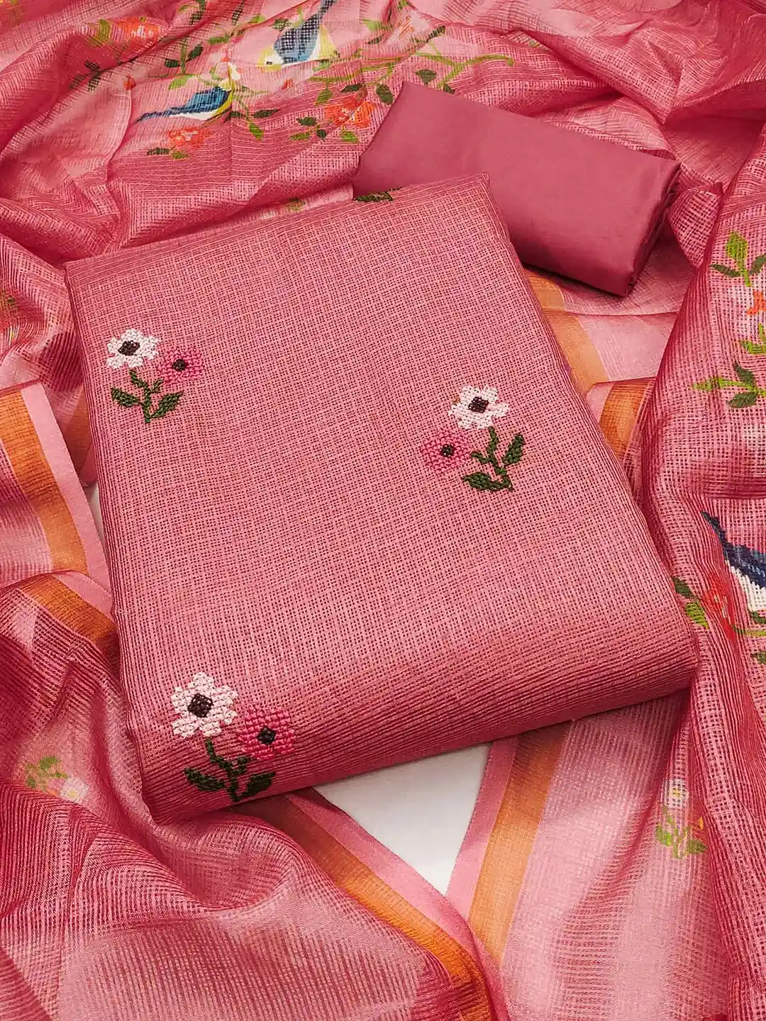 Buy Peachmode Floral Embroidered Thread Work Unstitched Dress