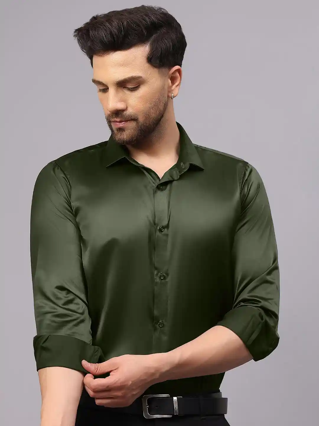 Buy CVC Men Regular Fit Poly Satin Silk Olive Green Shirt Shirts