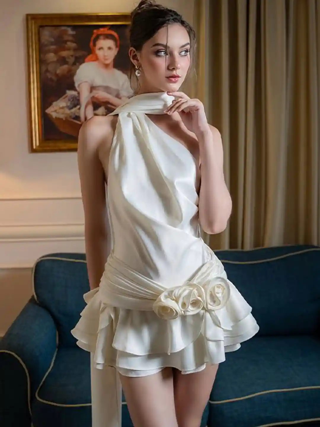 bebe White One Shoulder Scarf Neck Rosette Tiered Ruffle Mini Dress