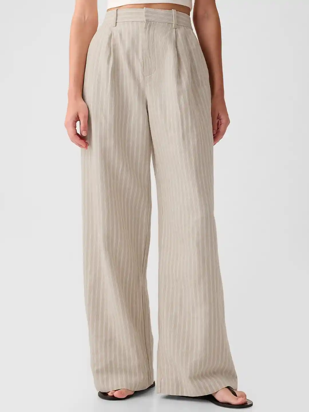 GAP Women Striped Linen Cotton Pleated Wide Leg Trousers