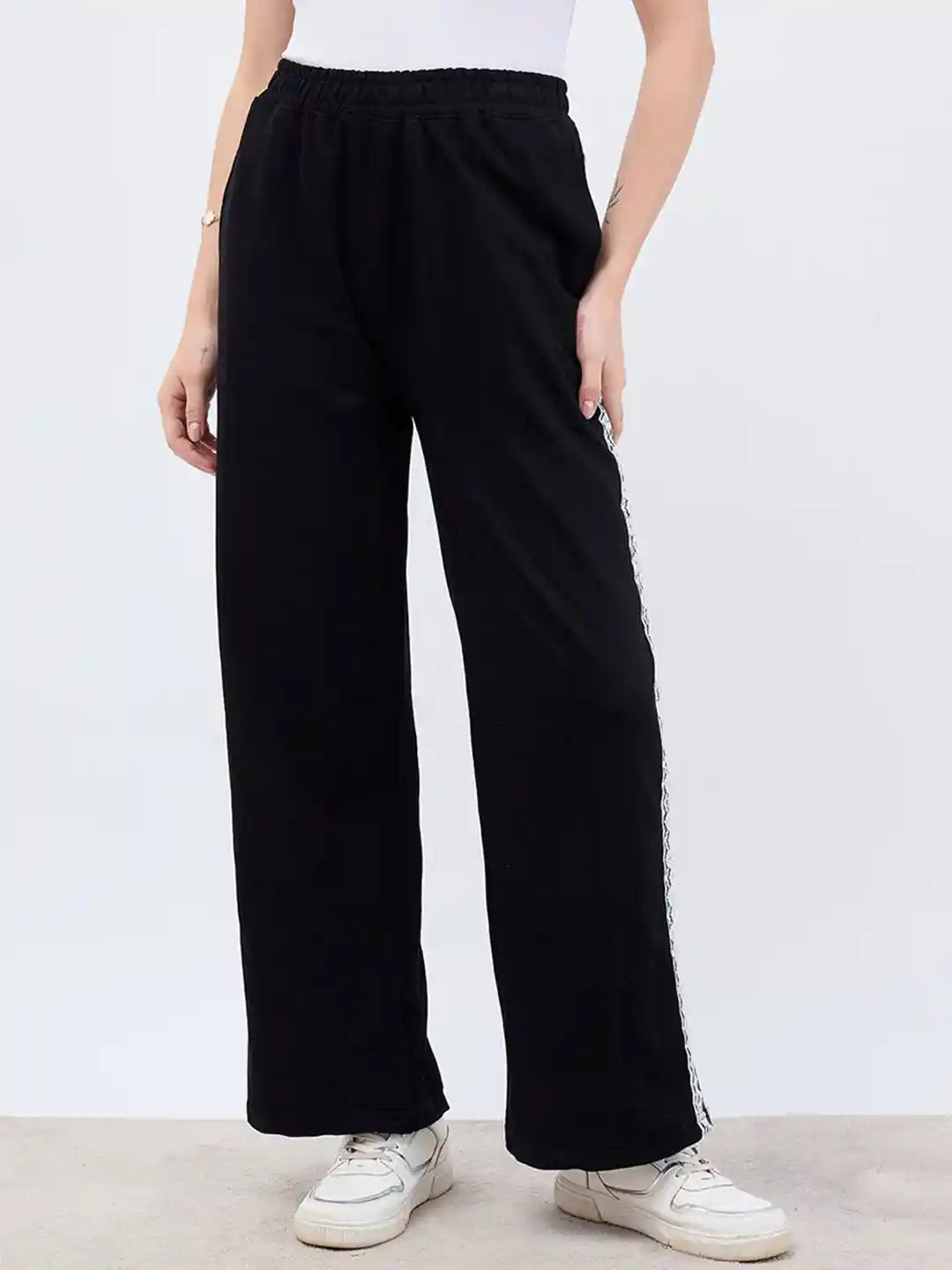 Buy Styli Women Pure Cotton Wide Leg-Fit Casual Track Pant With